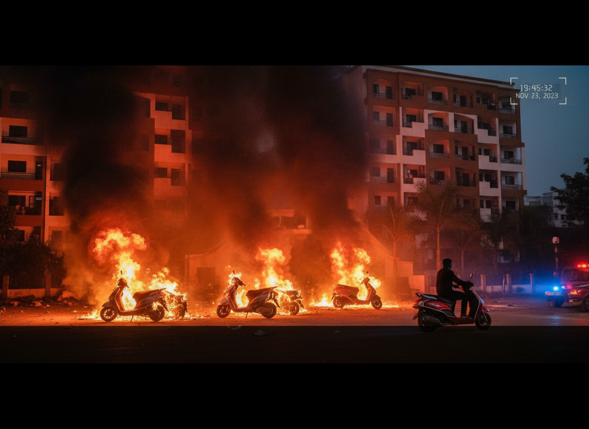 🚨 रायपुर की गोकुलधाम रेजीडेंसी में खौफ: पवन जैन का आतंक, पुलिस को दी चुनौती, EV स्कूटर में लगाई आग – पुलिस पर उठे गंभीर सवाल