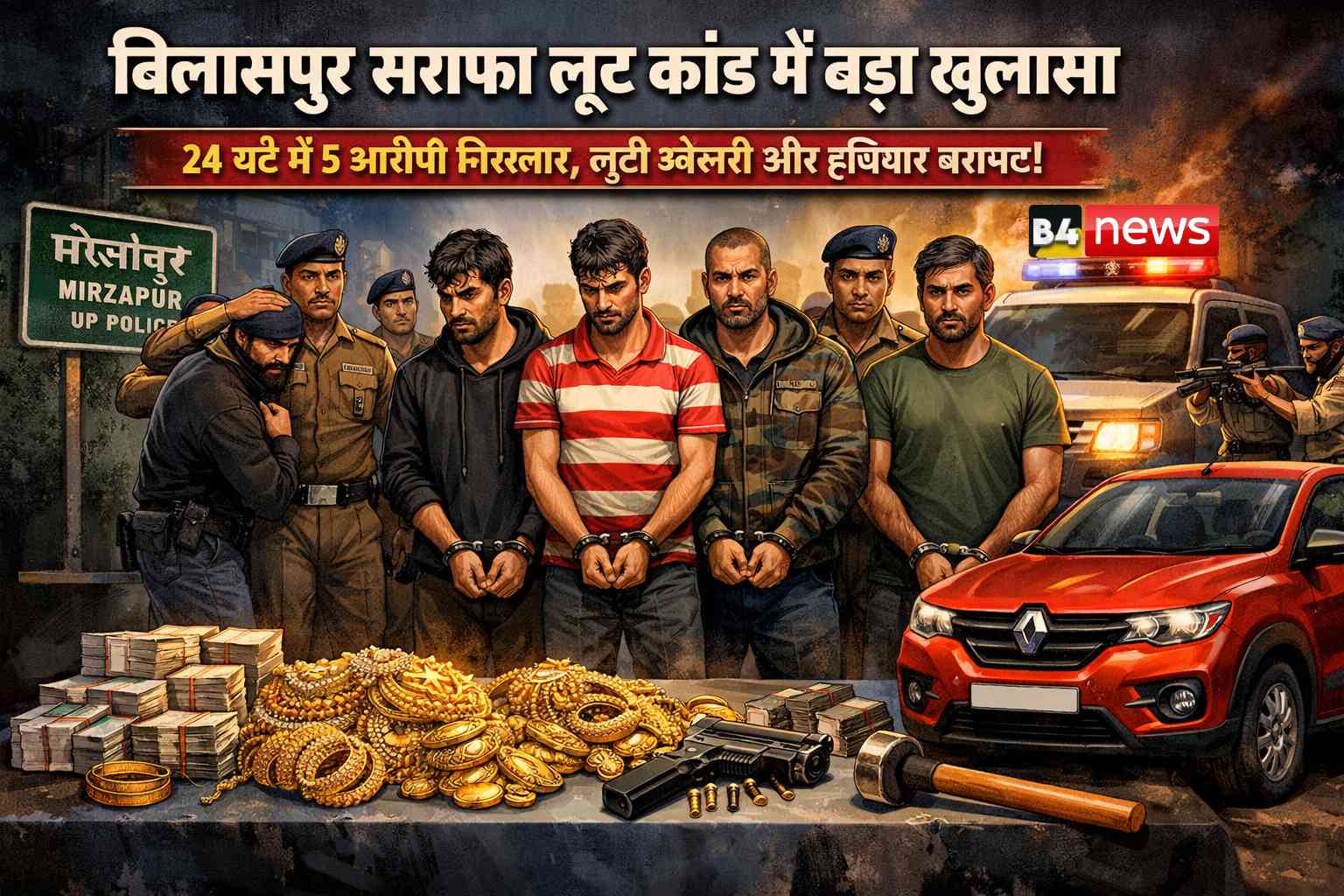 बिलासपुर सराफा लूट कांड: 24 घंटे में बड़ा खुलासा, मिर्जापुर पुलिस की अहम भूमिका, 5 आरोपी गिरफ्तार, करोड़ों की ज्वेलरी व हथियार बरामद