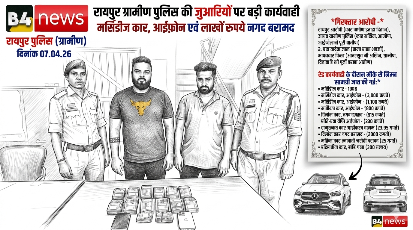 🟥 रायपुर ग्रामीण पुलिस की बड़ी कार्रवाई: जुआरियों पर रेड, मर्सिडीज कार और ₹42 लाख की संपत्ति जब्त