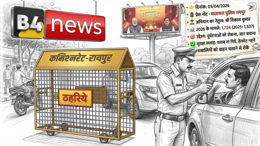 🚦 रायपुर ट्रैफिक पुलिस का सख्त एक्शन: 4 घंटे में 121 ड्राइवरों पर कार्रवाई, शराब पीकर गाड़ी चलाने वालों पर शिकंजा