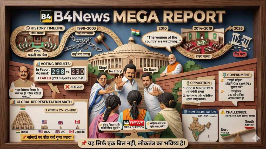🔥 महिला आरक्षण बिल लोकसभा में गिरा: राजनीति, गणित और प्रतिनिधित्व की पूरी कहानी