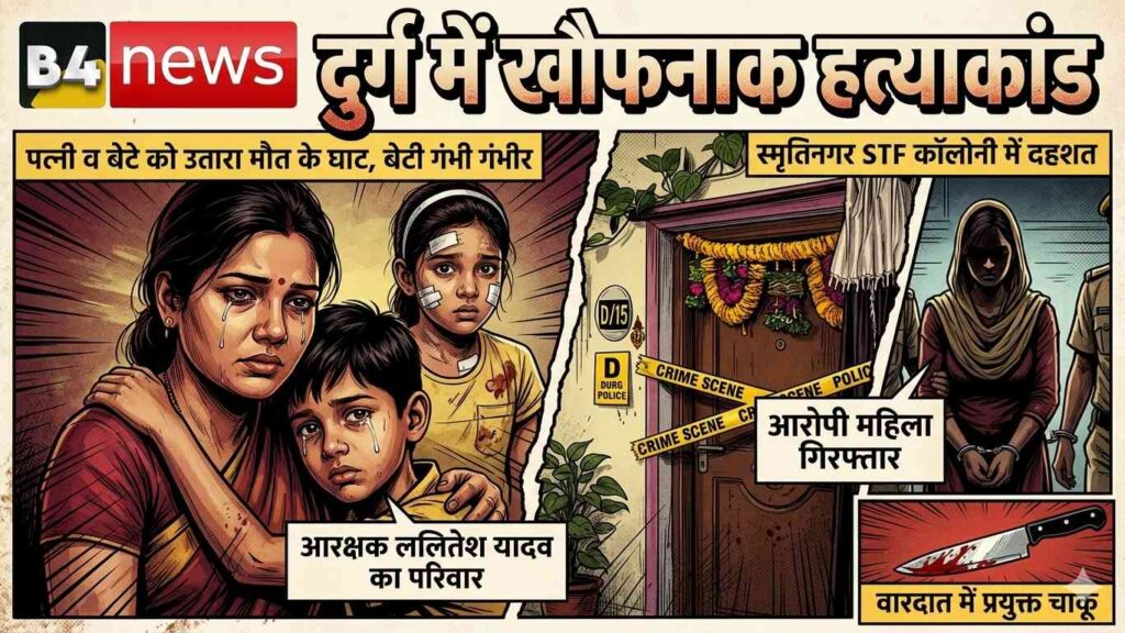 🔴 दुर्ग में खौफनाक हत्याकांड: आरक्षक के घर में घुसी महिला ने पत्नी-बेटे की हत्या, बेटी जिंदगी और मौत से जूझ रही