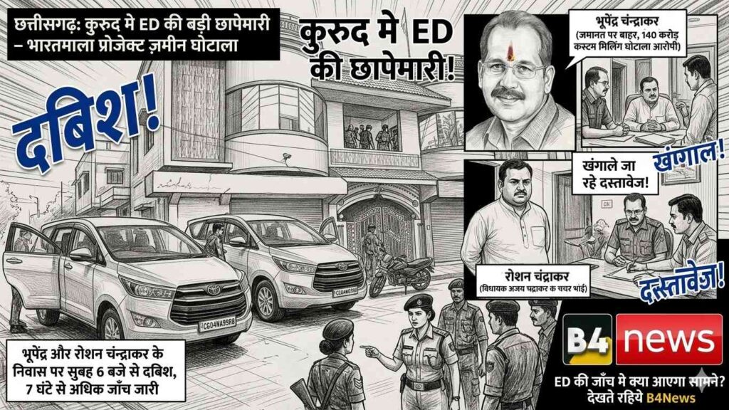कुरूद में ED की बड़ी छापेमारी: भारतमाला प्रोजेक्ट जमीन घोटाले और 140 करोड़ कस्टम मिलिंग मामले में कार्रवाई से हड़कंप<br>