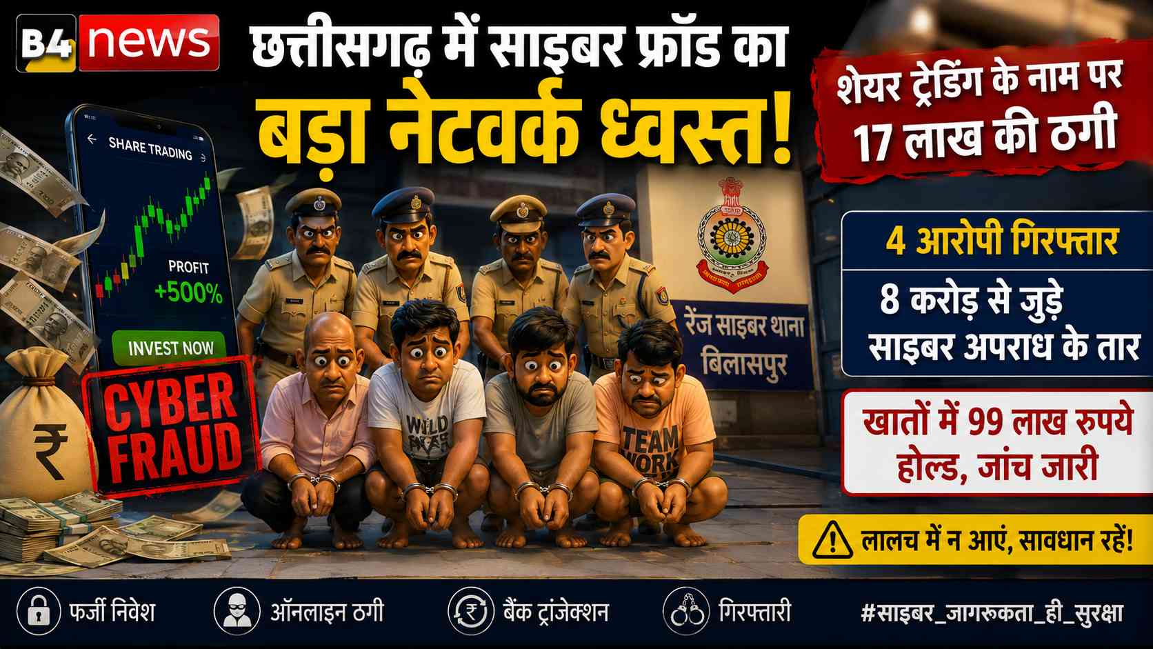 छत्तीसगढ़ में साइबर फ्रॉड के बड़े नेटवर्क का भंडाफोड़, शेयर ट्रेडिंग के नाम पर ठगी करने वाले 4 आरोपी गिरफ्तार