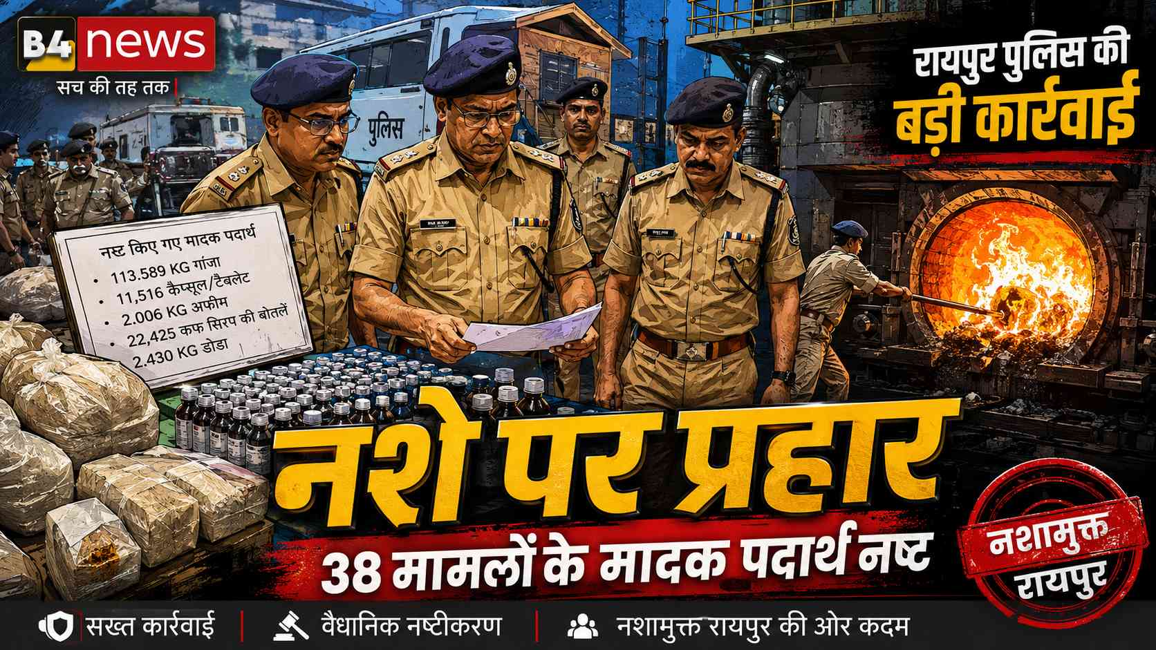 रायपुर में एनडीपीएस एक्ट के 38 मामलों में जब्त मादक पदार्थ नष्ट, नशे के खिलाफ अभियान तेज