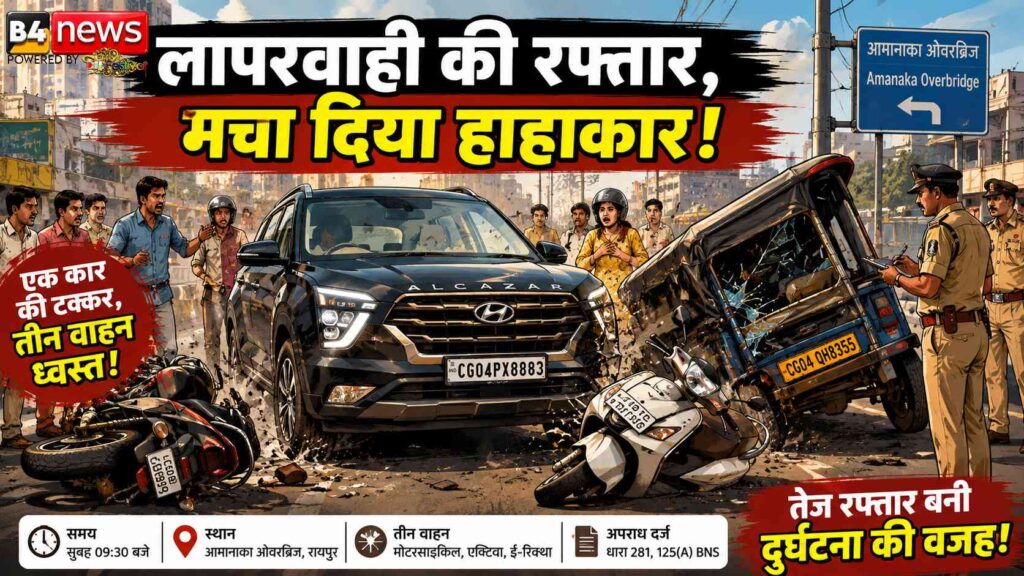 रायपुर में तेज रफ्तार कार का कहर: तीन वाहनों को मारी टक्कर, तीन लोग घायल, महिला चालक पर मामला दर्ज